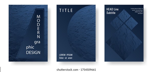 Conjunto de diseños vectoriales de diseño de folletos. Textura azul oscuro y olas negras. Diseño de plantillas de portada vectorial de folletos geniales. Maravilloso fondo de movimiento de ondas de flujo. Portada del libro de finanzas corporativas.