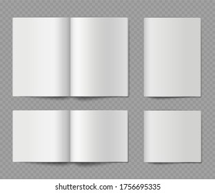 Booklet mockup. Open and closed horizontal empty paper brochure, journal or fold catalog, magazine or book for presentation design, realistic vector set isolated on transparent background