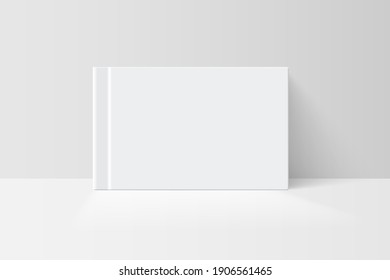 Booklet or notebook mock up. Blank white cover of book vector illustration. Softcover of white catalog, album or journal design presentation.