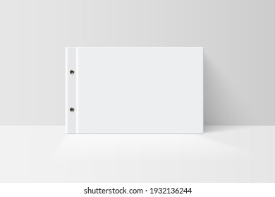 Booklet or notebook mock up. Blank white cover of book vector illustration. Softcover of white catalog, album or journal design presentation.