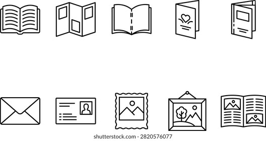 Booklet print document display and layout presentation icons.