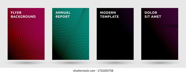 Booklet templates Vektorsatz. Künstlerische Halbtonmuster Abdeckung. Titelseiten mit halbzeitigen Linien strukturieren geometrisch. Verschiedene abgebrochene Zeilen decken Seitenlayouts ab. Geometrie der parallelen Streifen.