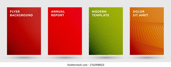 Booklet templates vector set. Trendy halftone pattern covers. Title pages with halftone lines texture geometric design. Gradient broken lines cover page layouts. Parallel stripes geometry.