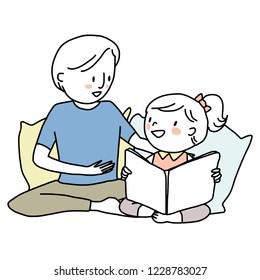 Booklover concept with smiling man telling and reading a storybook to his daughter. Little girl reading a storybook with her papa. Father spending happy family time with his child. Hand-drawn vector.