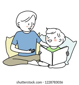 Booklover concept with smiling man telling and reading a storybook to his son. Little boy reading a storybook with his papa. Father spending happy family time with his child. Hand-drawn vector.