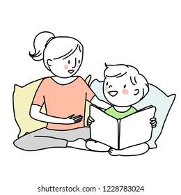 Booklover concept with smiling woman telling and reading a storybook to her son. Little boy reading a storybook with his mama. Mother spending happy family time with her child. Hand-drawn vector.