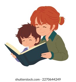 Booklover concept with smiling woman telling and reading a storybook to her son. Little boy reading a storybook with his mama. Mother spending happy family time with her child. Hand-drawn vector.