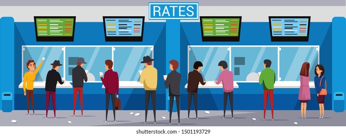 Bookmakers office flat vector illustration. Happy men and women holding tickets cartoon characters. Cheerful male and female gamblers waiting in queue. Gambling, placing bets, bookmaking