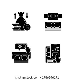 Bookmaking black glyph icons set on white space. Over and under bet. Parlay. Making deposit. Live betting. Predicting wager. Moneylines, game totals. Silhouette symbols. Vector isolated illustration