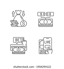 Fijación de iconos lineales de librería. Una y otra vez. Parlay. Haciendo depósito. Apuestas en vivo. Prediciendo apuestas. Símbolos de contorno de línea delgada personalizables. Ilustraciones aisladas del contorno vectorial. Trazo editable