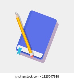 Bookmark in blue diary and pencil color icons, vector illustration of chancery items isolated on white background, round workbook for different notes