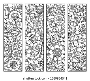 Marcador para libro - colorear. Conjunto de etiquetas en blanco y negro con motivos de doodle floral, dibujado a mano en estilo mehndi. Esbozo de adornos para la creatividad de niños y adultos con lápices de colores.