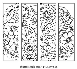 Bookmark for book - coloring. Set of black and white labels with floral doodle patterns, hand draw in mehndi style. Sketch of ornaments for creativity of children and adults with colored pencils.