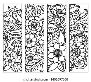 Bookmark for book - coloring. Set of black and white labels with floral doodle patterns, hand draw in mehndi style. Sketch of ornaments for creativity of children and adults with colored pencils.