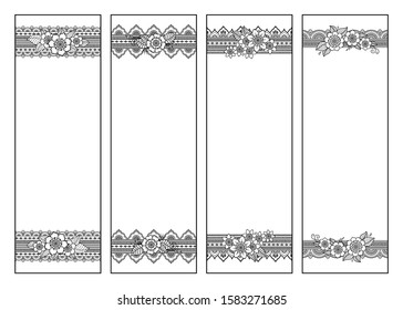 Bookmark for book - coloring. Set of black and white labels with floral doodle patterns, hand draw in mehndi style. Sketch of ornaments for creativity of children and adults with colored pencils.