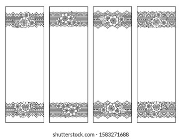 Bookmark for book - coloring. Set of black and white labels with floral doodle patterns, hand draw in mehndi style. Sketch of ornaments for creativity of children and adults with colored pencils.