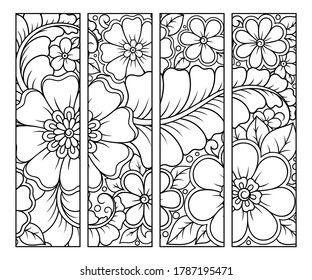 Bookmark for book - coloring. Set of black and white labels with floral doodle patterns, hand draw in mehndi style. Sketch of ornaments for creativity of children and adults with colored pencils.