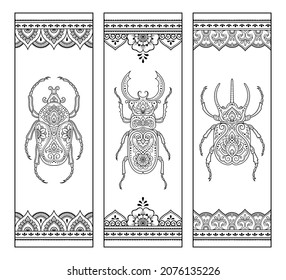 Bookmark for book - coloring. Set of black and white labels with floral and bug doodle patterns, hand draw in mehndi style. Sketch of ornaments for creativity of children and adults with colored pen.
