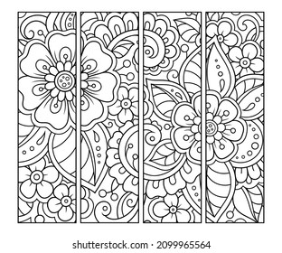 Marcador para libro - coloreado. Juego de etiquetas en blanco y negro con motivos de doodle florales, traza a mano estilo mehndi. Esbozo de ornamentos para la creatividad de niños y adultos con lápices de colores.