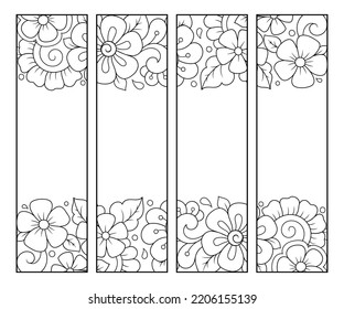 Bookmark for book - coloring. Set of black and white labels with floral doodle patterns, hand draw in mehndi style. Sketch of ornaments for creativity of children and adults with colored pencils.