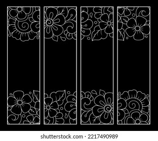 Bookmark for book - coloring. Set of black and white labels with floral doodle patterns, hand draw in mehndi style. Sketch of ornaments for creativity of children and adults with colored pencils.