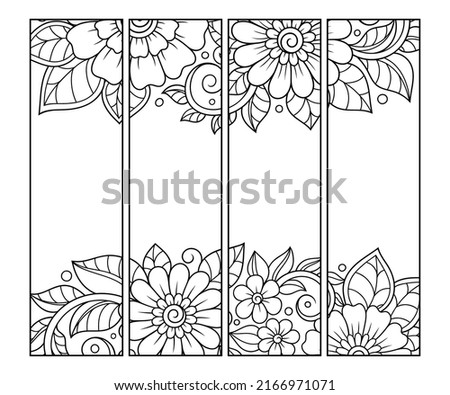 Bookmark for book - coloring. Set of black and white labels with floral doodle patterns, hand draw in mehndi style. Sketch of ornaments for creativity of children and adults with colored pencils.