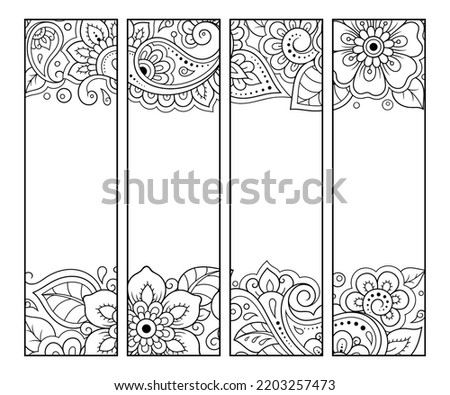 Bookmark for book - coloring. Set of black and white labels with floral doodle patterns, hand draw in mehndi style. Sketch of ornaments for creativity of children and adults with colored pencils.