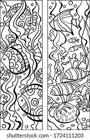 Bookmark for book - coloring. Tropical Fish, coral reef. Doodle patterns. Set of black and white labels. Sketch of ornaments for creativity of children and adults. EPS 8