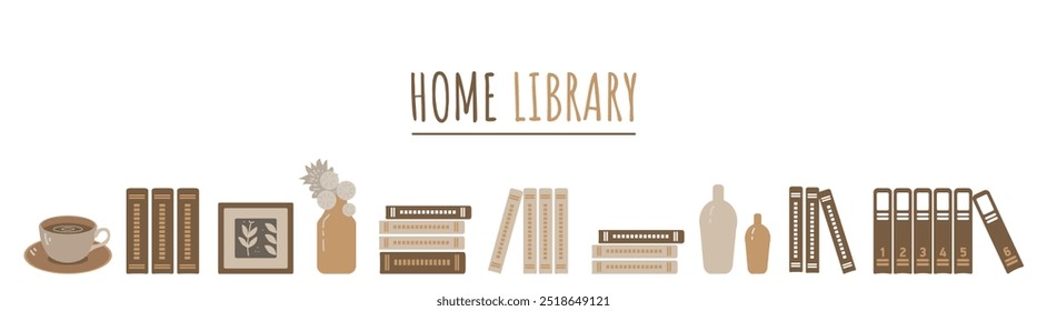 Bookmark for a book on the topic of reading and home library. Bookshelf with books, mugs vase and flowers. Vector illustration.