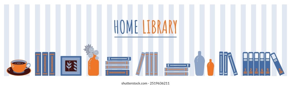 Bookmark for a book on the topic of reading and home library. Bookshelf with books, mugs vase and flowers. Vector illustration.