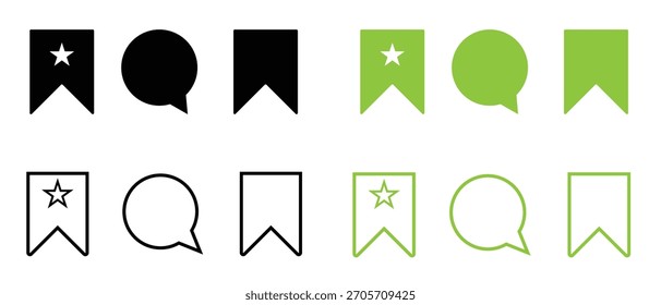 Bookmark and chat bubble icons set featuring star labels and message symbols in various styles, ideal for UI and web design.