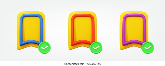 Bookmark check 3d icon set. realistic prohibited sign vector illustration. design elements collection in cartoon minimal style
