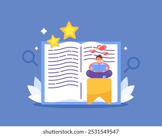 conceito de favorito. salve as páginas de livros e as páginas favoritas que são lidas com frequência. aprenda e estude. biblioteca e diário. ilustração de um homem gosta de ler livros. design de estilo plano. elementos