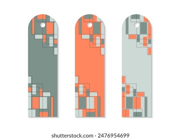 Bookmark design with abstract art deco pattern set. Set of vertical printable patterns with abstract rectangular shapes and lines. Bookmark for book and notepad. Vector illustration.