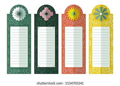 Bookmark design. Paper book mark template. Abstract pattern style book separator. Decorative bookmark set. Baby bookmark design for book, notepad. Bookmark banner texture. Vector illustration.