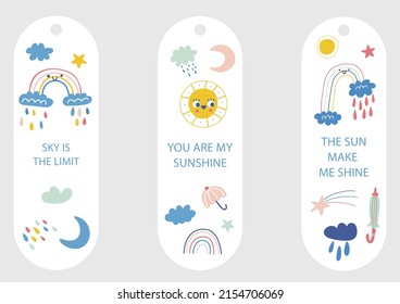 Bookmark design. Paper book mark template. Abstract pattern style book separator. Decorative bookmark set. Baby bookmark design for book, notepad. Bookmark banner texture. Vector illustration.