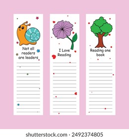 Bookmark design. Paper book mark template. Bookmark set with Cartoon illustration. Decorative Children's bookmark with planner lines