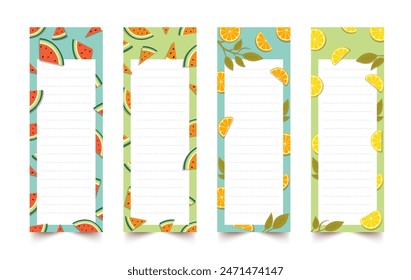 Bookmark design with watermelons, oranges and lemons in flat design. Set of vertical printable templates with summer fruit background. Children's bookmark for book and notepad. Tags with place for