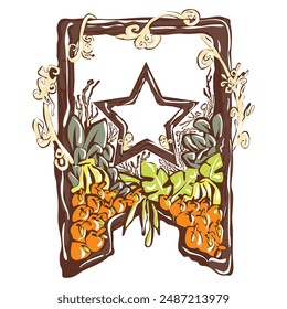 A bookmark, favorite, and save icon, which is formed by a partially transparent main shape with an adventurous theme and transparent inside the star. The elements included leaves, fruits, branches.