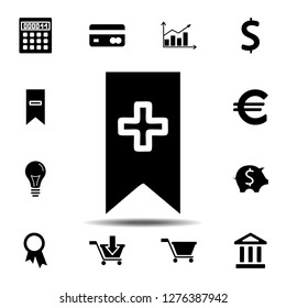 Bookmark flag with plus icon. Simple glyph vector element of web, minimalistic icons set for UI and UX, website or mobile application