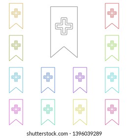 Bookmark flag with plus multi color icon. Simple thin line, outline vector of web icons for UI and UX, website or mobile application
