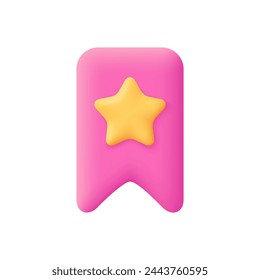 Bookmark or game badge with star. 3d vector icon. Cartoon minimal style.