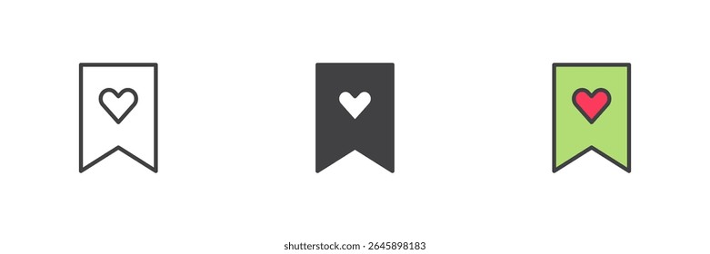 Bookmark with heart shape icon in line, solid and filled outline style. Colorful icon sign symbolizing love and favorite. Vector set pack.