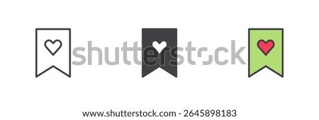 Bookmark with heart shape icon in line, solid and filled outline style. Colorful icon sign symbolizing love and favorite. Vector set pack.