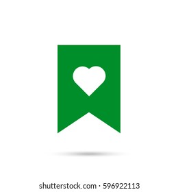 Bookmark heart vector icon. Green icon and gray shadow 