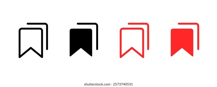 Bookmark icon. Add to favorite symbol. Save button. Bookmark web interface element. Red flag tag. Dictionary or book mark pictogram. Ribbon bookmark sign isolated.