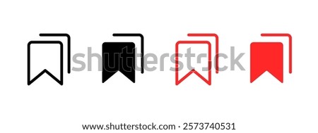 Bookmark icon. Add to favorite symbol. Save button. Bookmark web interface element. Red flag tag. Dictionary or book mark pictogram. Ribbon bookmark sign isolated.