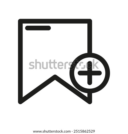 Bookmark icon design. Simple plus symbol. Minimalist vector style. Black outline graphic.