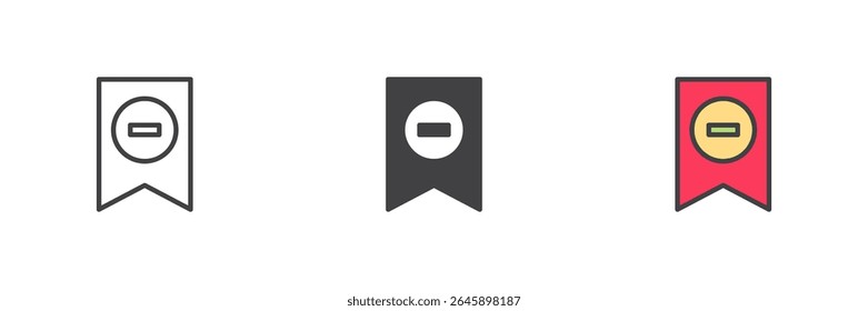 Bookmark icon with a minus sign in line, solid, and filled outline style. Vector color icon set. Bookmark symbol, glyph and color sign. Three style icon pack.