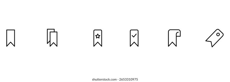 Lesezeichen-Symbolpaket mit einem Doppelstern-Häkchen, einer Curl-Ecke und Beschriftungs-Tag-Symbolen in einer modernen Vektorgrafik.